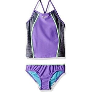 Speedo Girls Heather Splice Tankini 2 PC Set Sz 14 Purple Colorblock